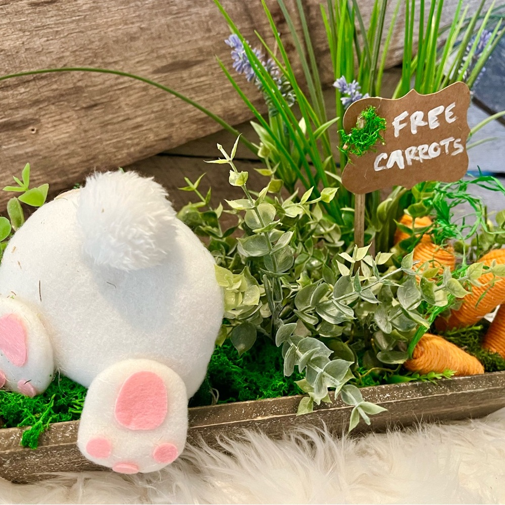Wooden tray with bunny butt.